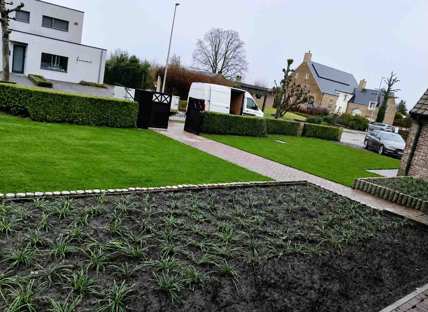 Voortuin met gazon, pad en nieuwe beplanting